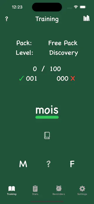 Un Une Main Training Screen with correct choice