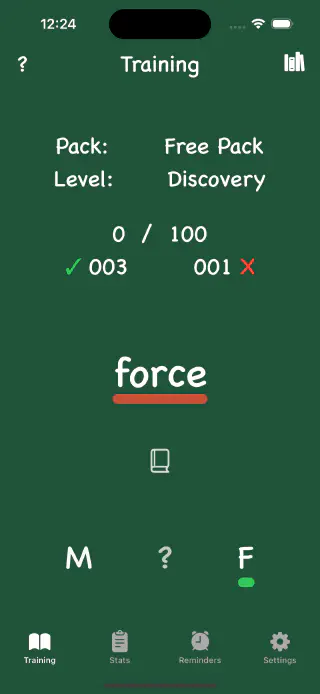 Un Une Main Training Screen with incorrect choice