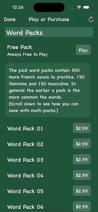 Un Une Word Pack Select/Purchase Screen