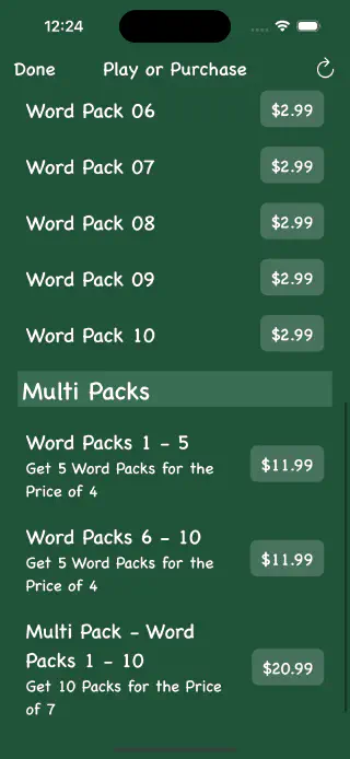 Un Une Word Pack Select/Purchase Screen Featuring Muliti Packs